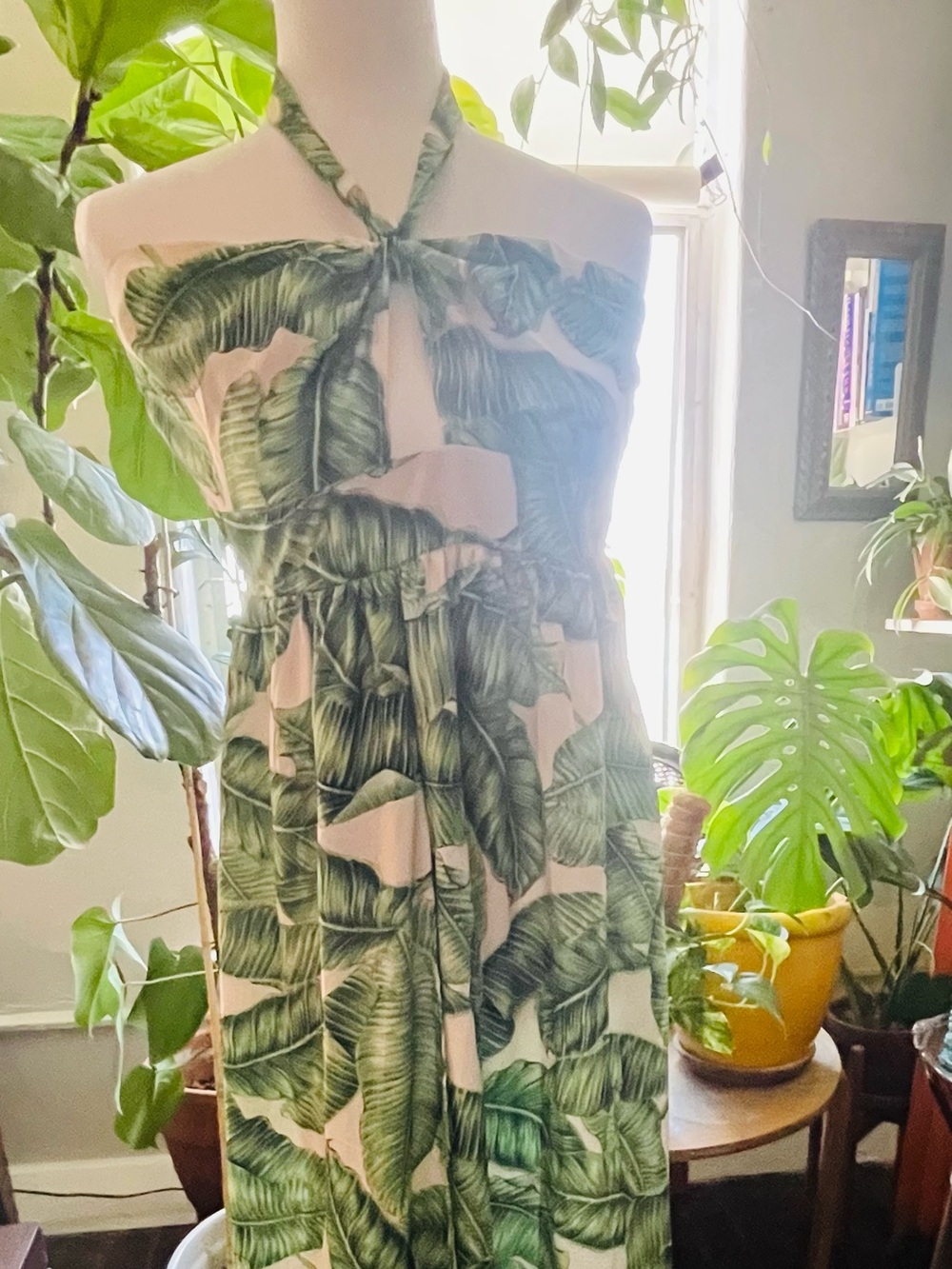 Midi Tropical Leaf faux wrap backless halter dress- Green size M